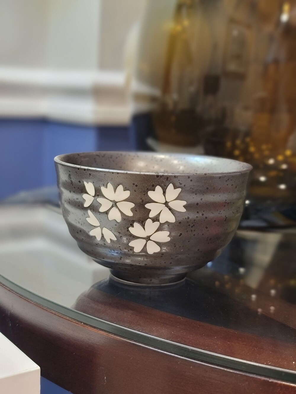 Japanese Gray Floral Ceramic Tea Bowl – 4.3" x 2.25"